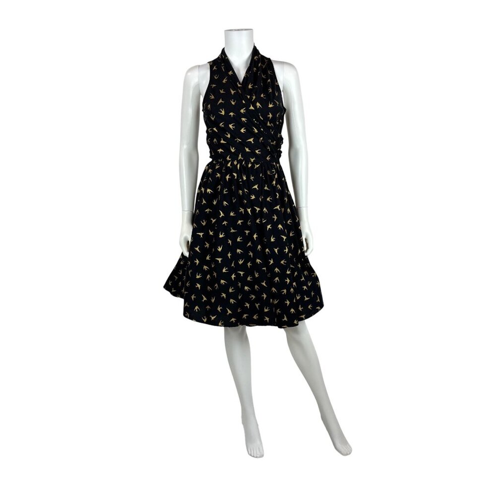 Dollz & Dames Halter Dress Small Gold Sparrow Bird Print Black Pin Up Sundress - Picture 3 of 15